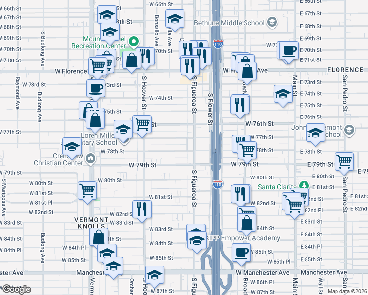map of restaurants, bars, coffee shops, grocery stores, and more near 539 West 78th Street in Los Angeles