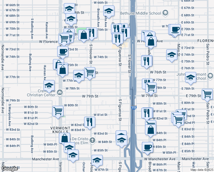 map of restaurants, bars, coffee shops, grocery stores, and more near 539 West 78th Street in Los Angeles