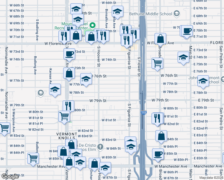 map of restaurants, bars, coffee shops, grocery stores, and more near 701 West 78th Street in Los Angeles