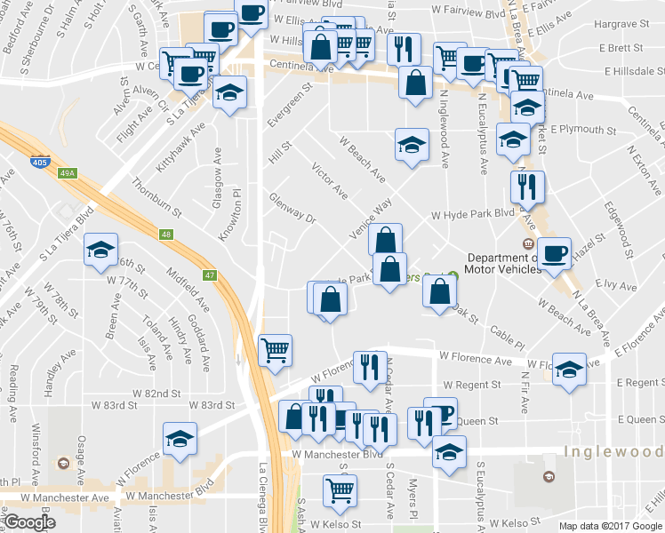 map of restaurants, bars, coffee shops, grocery stores, and more near 708 Venice Way in Inglewood