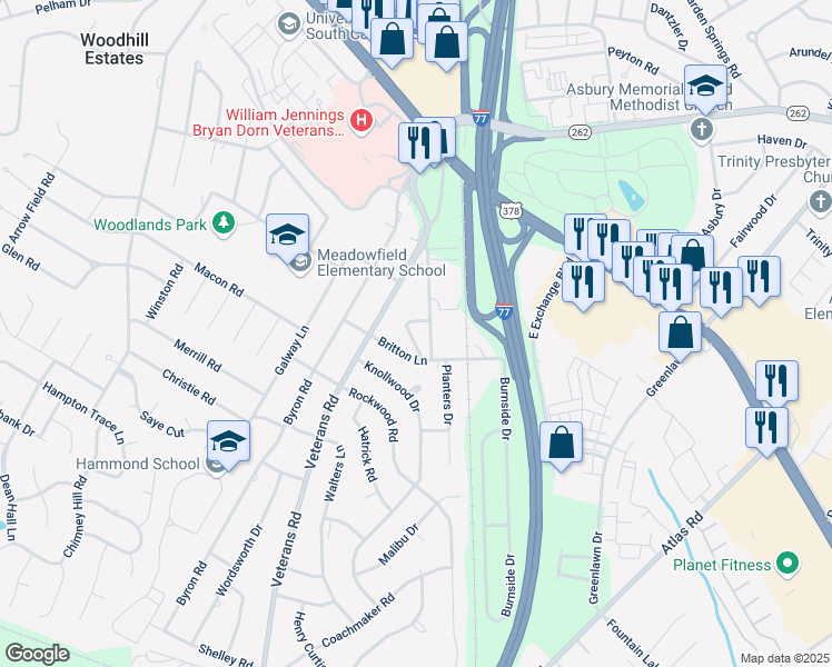map of restaurants, bars, coffee shops, grocery stores, and more near 422 Cami Forest Lane in Columbia