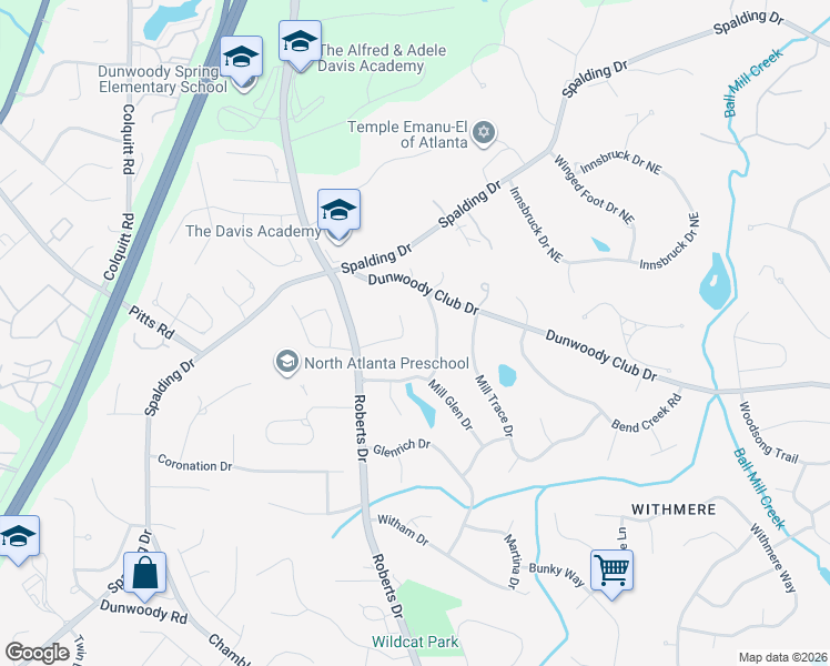 map of restaurants, bars, coffee shops, grocery stores, and more near 1261 Manor Oaks Court in Dunwoody