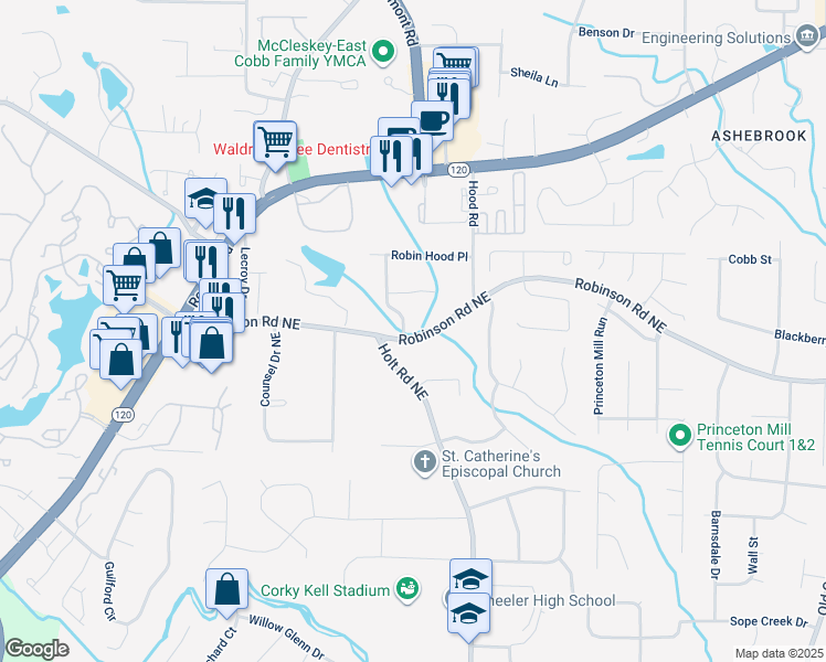 map of restaurants, bars, coffee shops, grocery stores, and more near 774 Mary Ann Drive in Marietta
