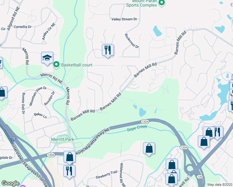 map of restaurants, bars, coffee shops, grocery stores, and more near 748 Barnes Mill Trace Northeast in Marietta