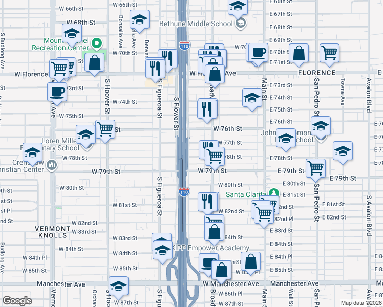 map of restaurants, bars, coffee shops, grocery stores, and more near 335 1/2 West 78th Street in Los Angeles