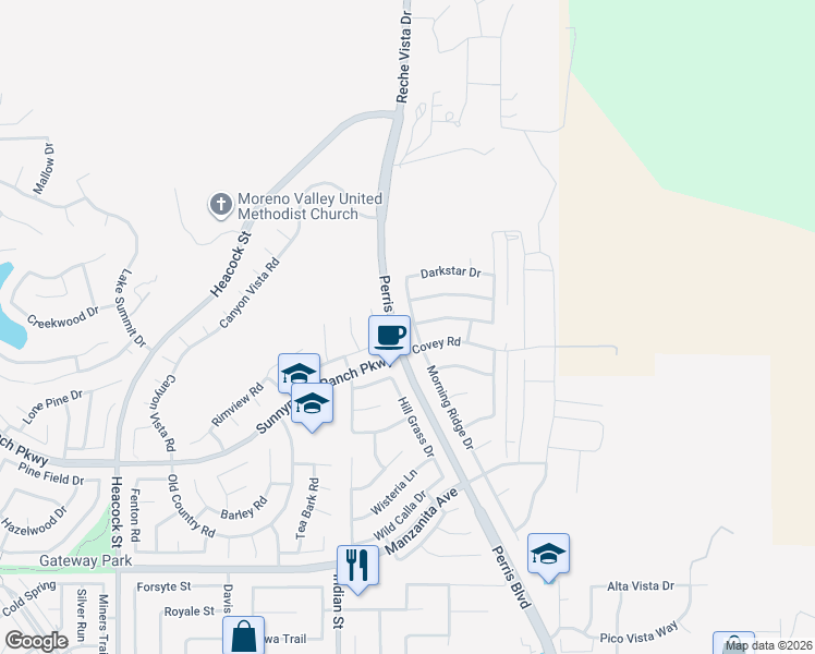 map of restaurants, bars, coffee shops, grocery stores, and more near 10451 Morning Ridge Drive in Moreno Valley