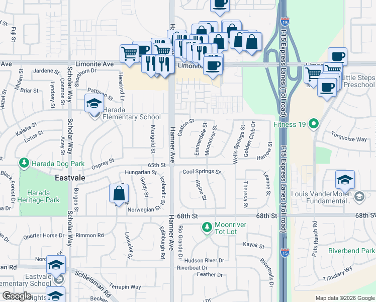 map of restaurants, bars, coffee shops, grocery stores, and more near 12551 Kensington Court in Eastvale
