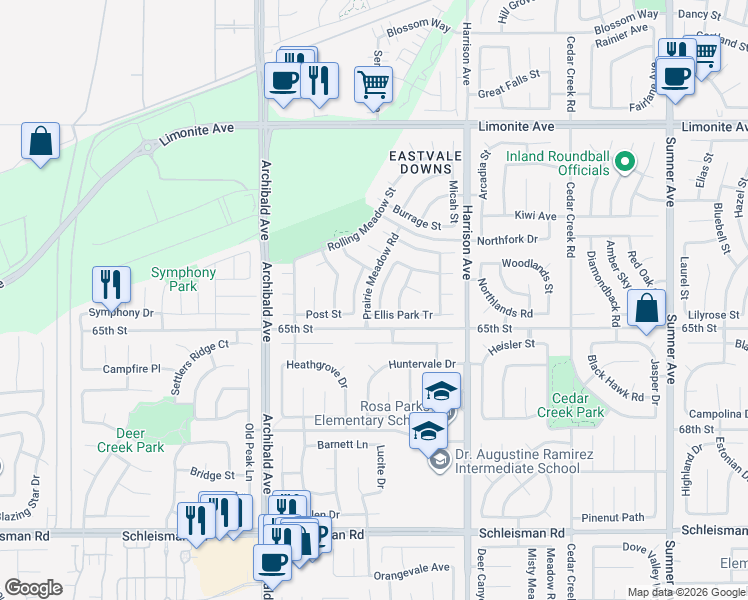 map of restaurants, bars, coffee shops, grocery stores, and more near 6545 Emerald Downs Street in Corona