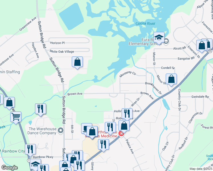 map of restaurants, bars, coffee shops, grocery stores, and more near 303 Brown Avenue in Rainbow City
