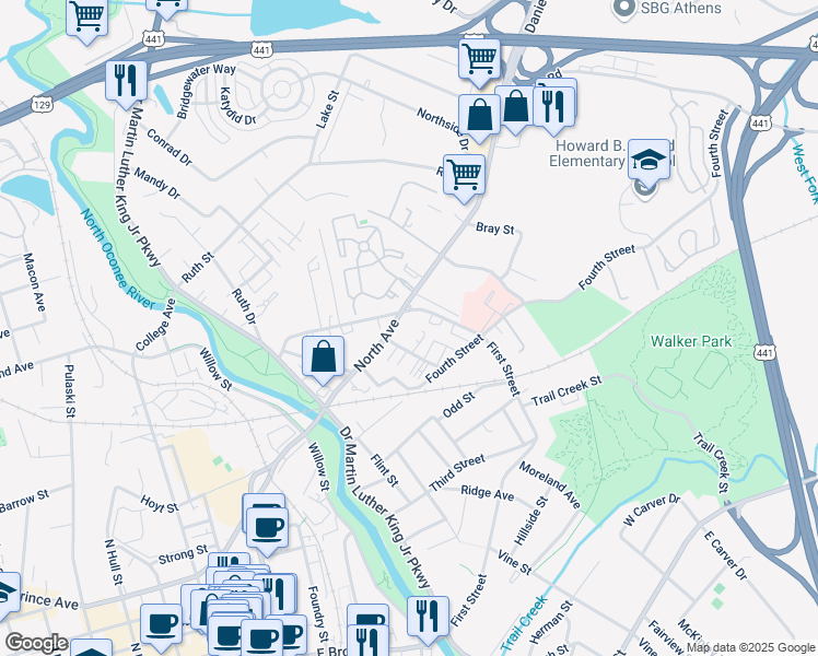 map of restaurants, bars, coffee shops, grocery stores, and more near 137 Berlin Street in Athens