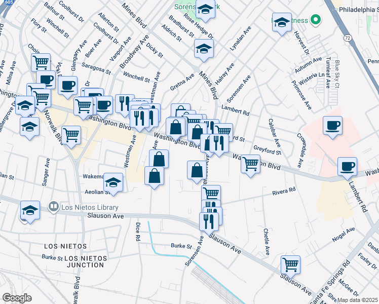 map of restaurants, bars, coffee shops, grocery stores, and more near 11720 Washington Boulevard in Whittier