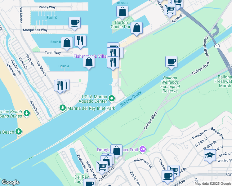 map of restaurants, bars, coffee shops, grocery stores, and more near 13900 Fiji Way in Marina del Rey