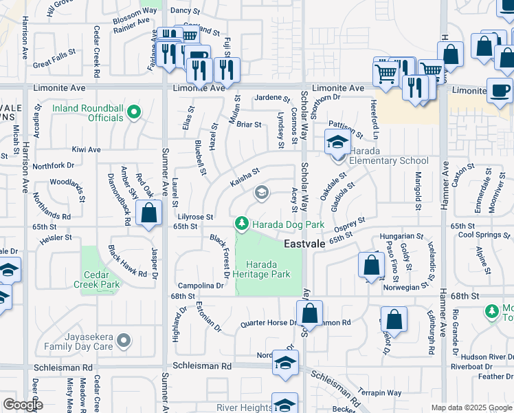 map of restaurants, bars, coffee shops, grocery stores, and more near 6536 Whitelily Street in Corona