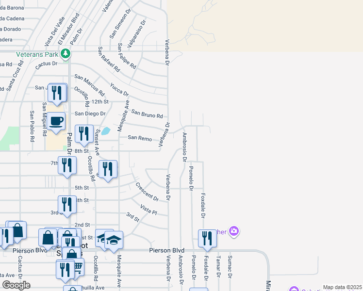 map of restaurants, bars, coffee shops, grocery stores, and more near 10925 Ambrosio Drive in Desert Hot Springs