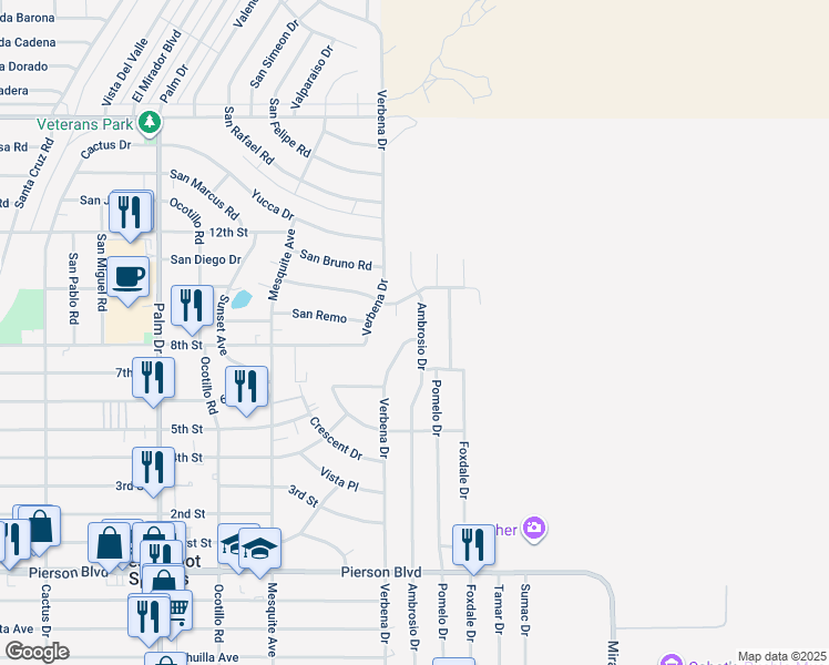 map of restaurants, bars, coffee shops, grocery stores, and more near 10925 Ambrosio Drive in Desert Hot Springs