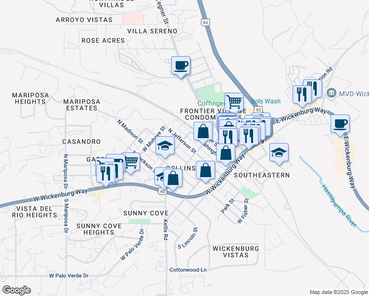 map of restaurants, bars, coffee shops, grocery stores, and more near 268 North Jefferson Street in Wickenburg