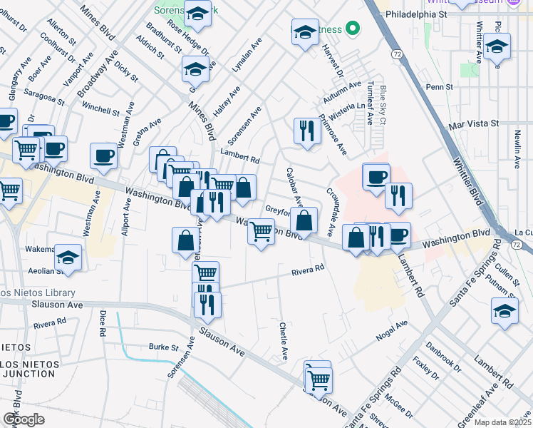 map of restaurants, bars, coffee shops, grocery stores, and more near 7934 Appledale Avenue in Whittier