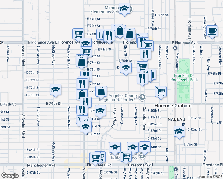 map of restaurants, bars, coffee shops, grocery stores, and more near 1255 East 77th Place in Los Angeles