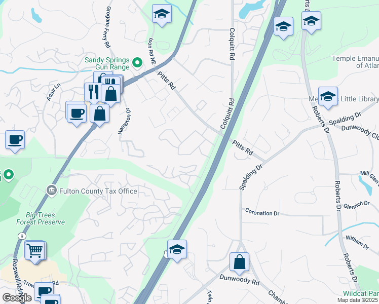 map of restaurants, bars, coffee shops, grocery stores, and more near 1062 Brentwood Way in Sandy Springs