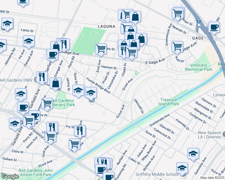 map of restaurants, bars, coffee shops, grocery stores, and more near 6639 Chalet Drive in Bell Gardens