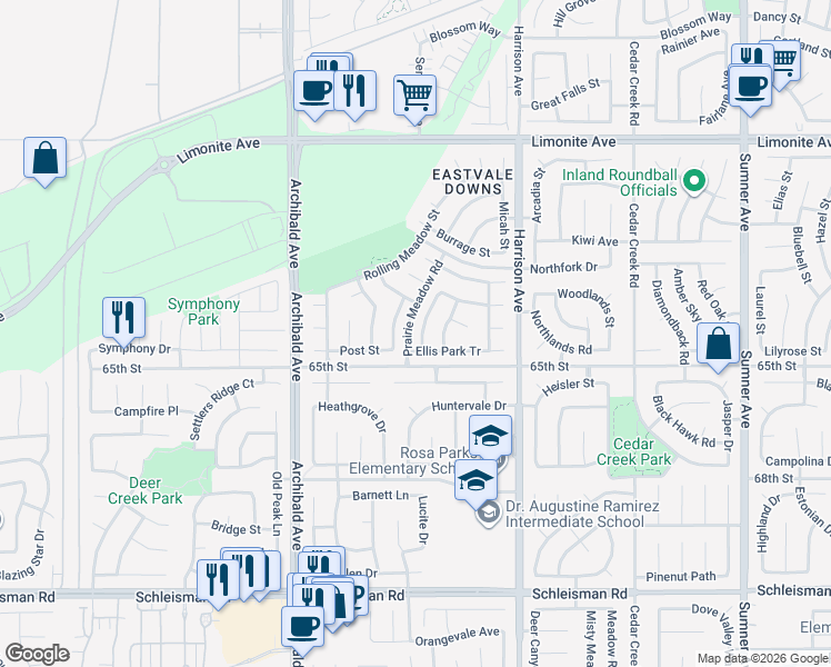map of restaurants, bars, coffee shops, grocery stores, and more near 6545 Emerald Downs Street in Corona