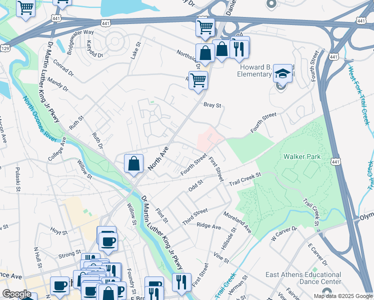 map of restaurants, bars, coffee shops, grocery stores, and more near 150 Berlin Street in Athens