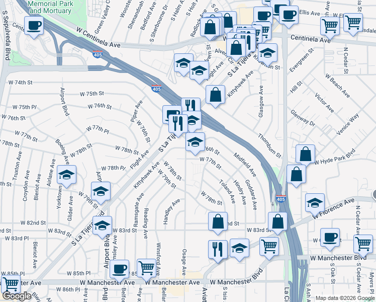map of restaurants, bars, coffee shops, grocery stores, and more near 5556 West 76th Street in Los Angeles