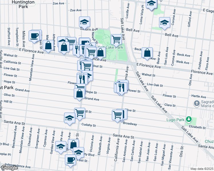 map of restaurants, bars, coffee shops, grocery stores, and more near 3381 Flower Street in Huntington Park