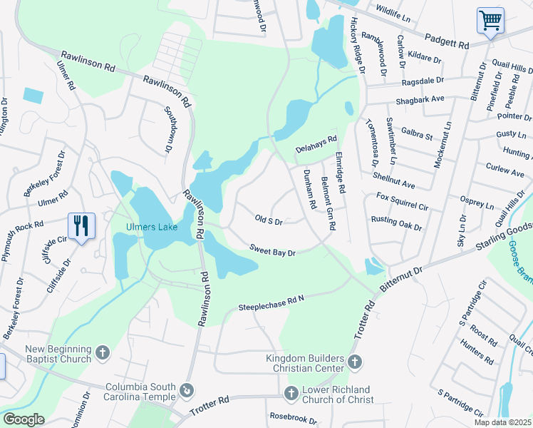 map of restaurants, bars, coffee shops, grocery stores, and more near 1 Old South Drive in Columbia
