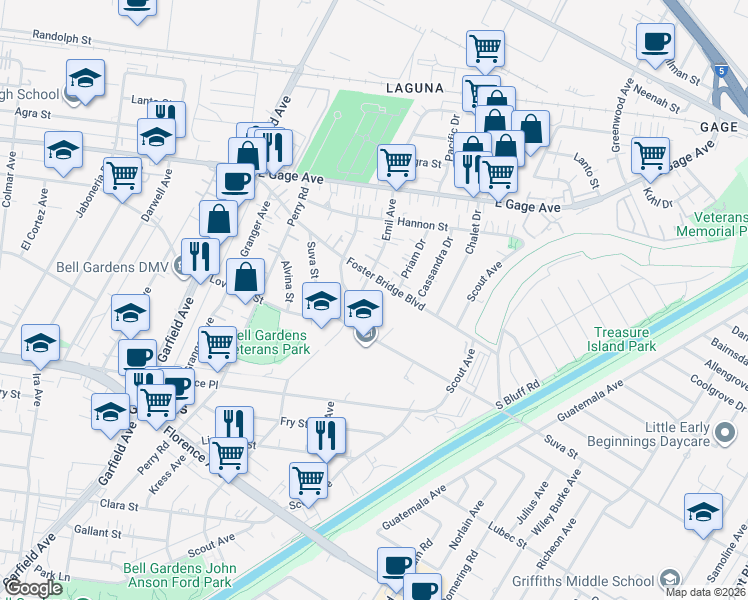 map of restaurants, bars, coffee shops, grocery stores, and more near 6713 Charner Street in Bell Gardens