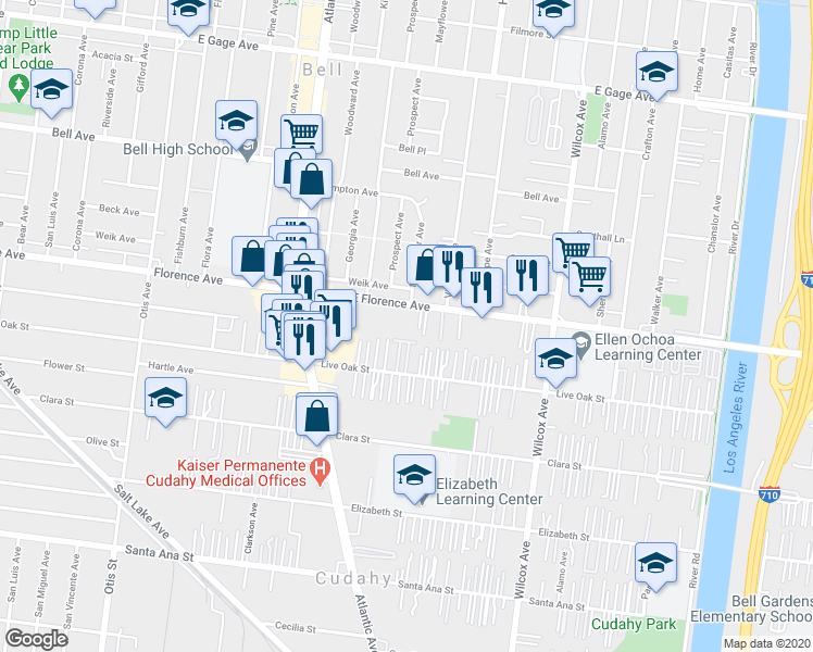 map of restaurants, bars, coffee shops, grocery stores, and more near 4704 Florence Avenue in Bell
