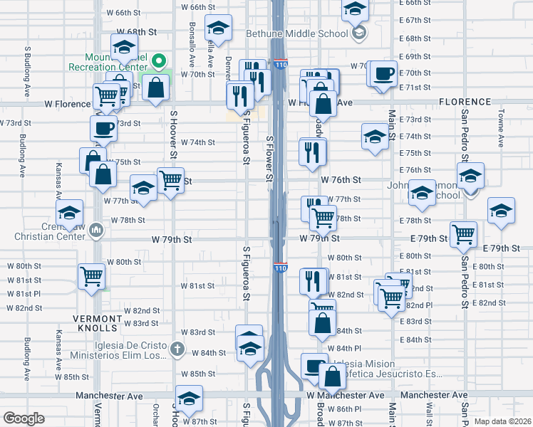 map of restaurants, bars, coffee shops, grocery stores, and more near 433 West 78th Street in Los Angeles