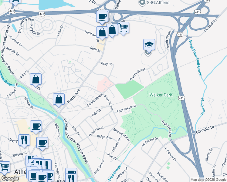 map of restaurants, bars, coffee shops, grocery stores, and more near 120 Bonnie Lane in Athens