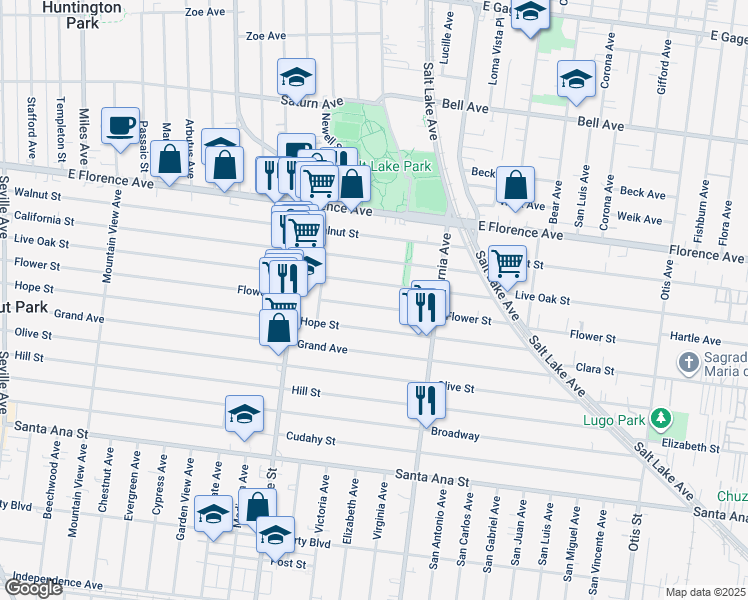 map of restaurants, bars, coffee shops, grocery stores, and more near 3381 Flower Street in Huntington Park
