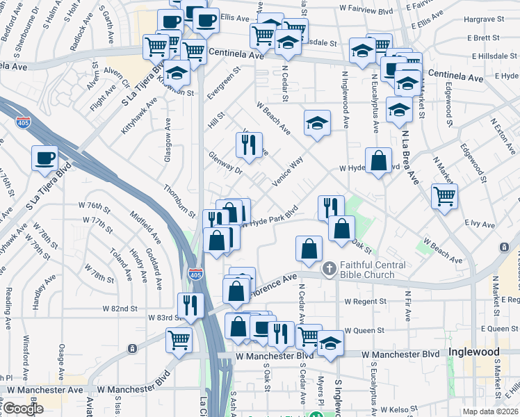 map of restaurants, bars, coffee shops, grocery stores, and more near 708 Venice Way in Inglewood