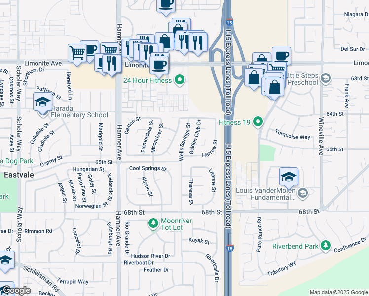 map of restaurants, bars, coffee shops, grocery stores, and more near 6556 Wells Springs Street in Eastvale