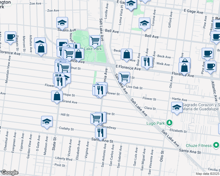 map of restaurants, bars, coffee shops, grocery stores, and more near 3524 Live Oak Street in Huntington Park