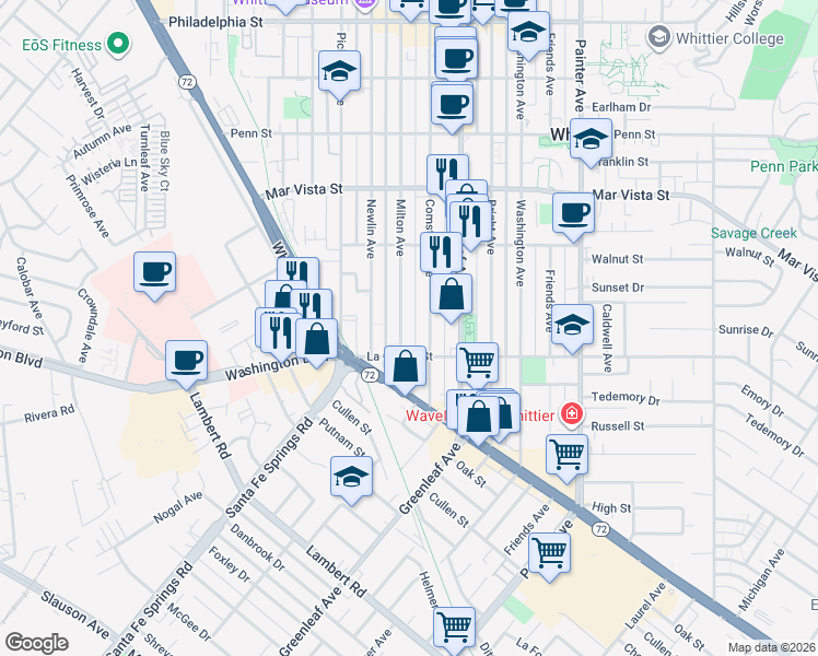 map of restaurants, bars, coffee shops, grocery stores, and more near 7928 Milton Avenue in Whittier