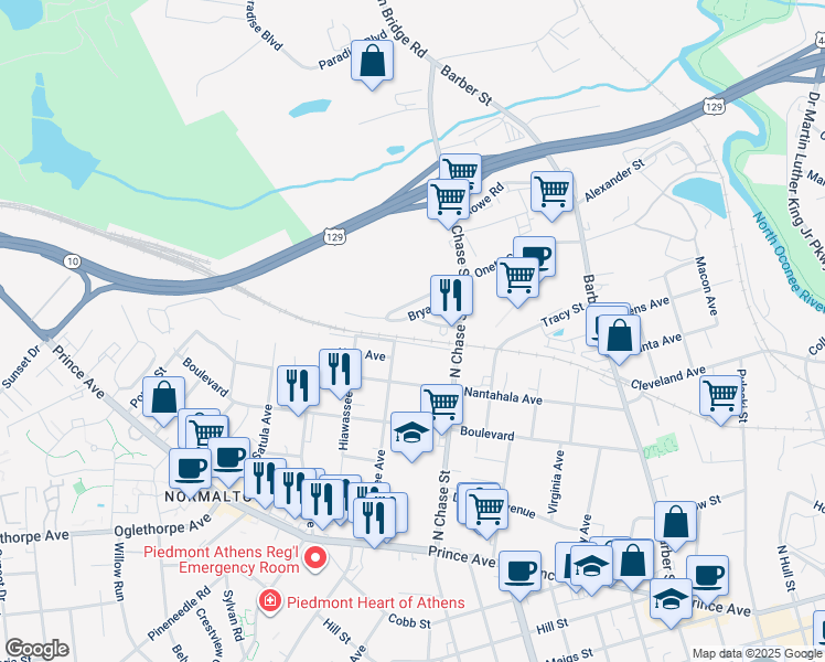 map of restaurants, bars, coffee shops, grocery stores, and more near 195 Miles Street in Athens