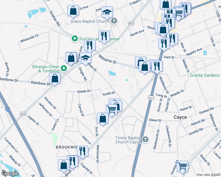 map of restaurants, bars, coffee shops, grocery stores, and more near 2 Steele Drive in West Columbia