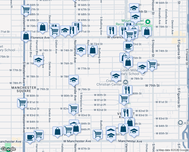 map of restaurants, bars, coffee shops, grocery stores, and more near 1222 West 78th Street in Los Angeles