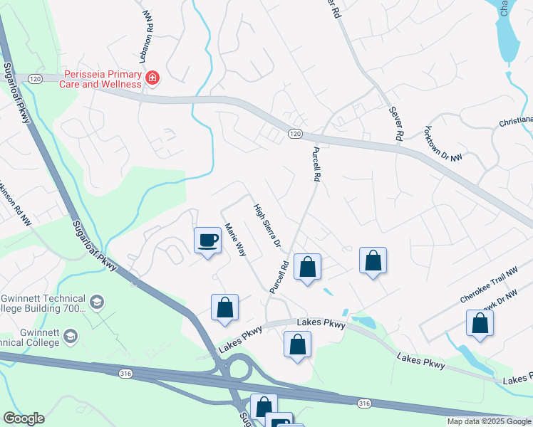 map of restaurants, bars, coffee shops, grocery stores, and more near 1447 High Sierra Drive in Lawrenceville