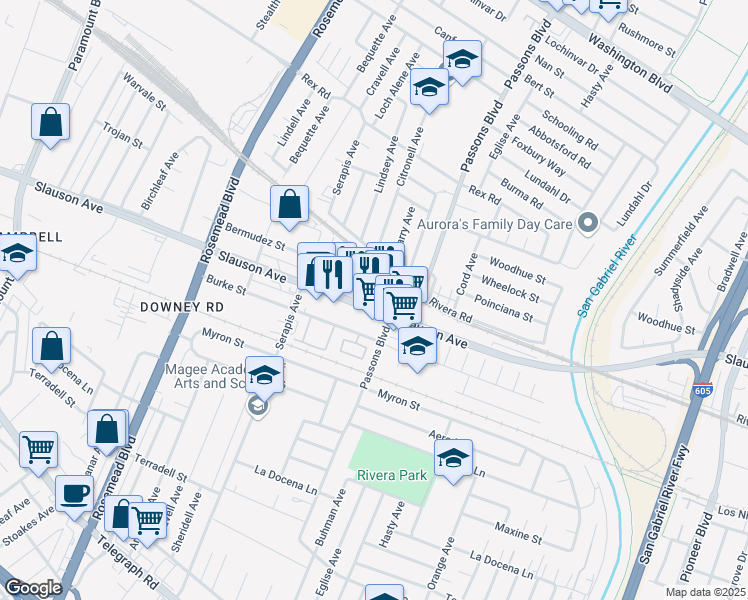 map of restaurants, bars, coffee shops, grocery stores, and more near 9315 Slauson Ave in Pico Rivera