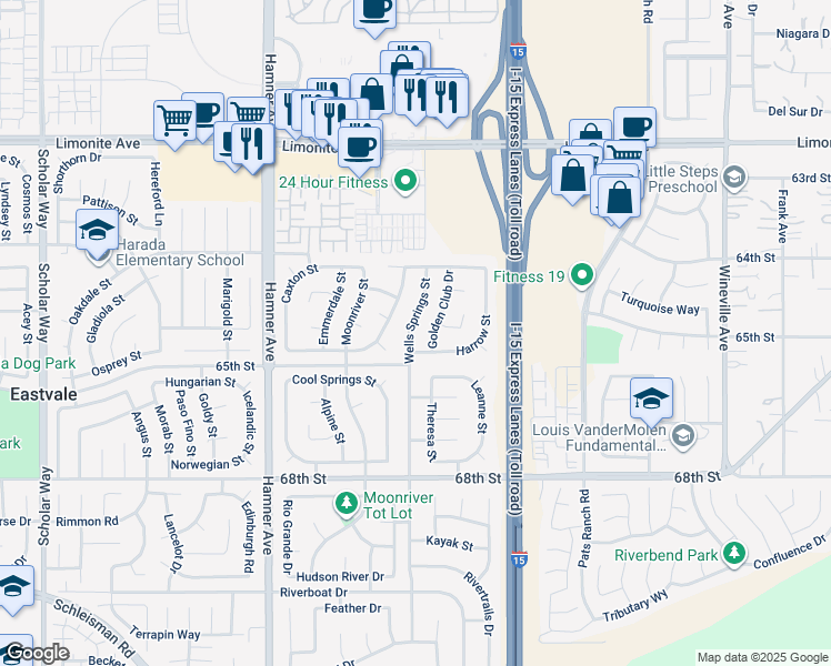 map of restaurants, bars, coffee shops, grocery stores, and more near 6556 Wells Springs Street in Eastvale