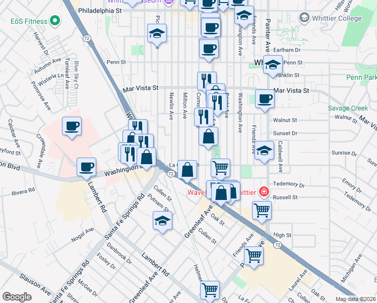 map of restaurants, bars, coffee shops, grocery stores, and more near 7928 Milton Avenue in Whittier