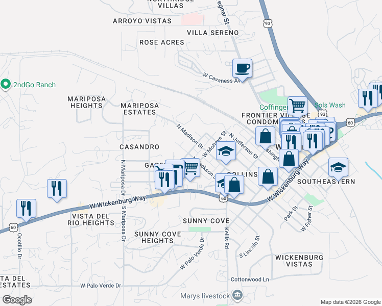 map of restaurants, bars, coffee shops, grocery stores, and more near 469 North Jackson Street in Wickenburg