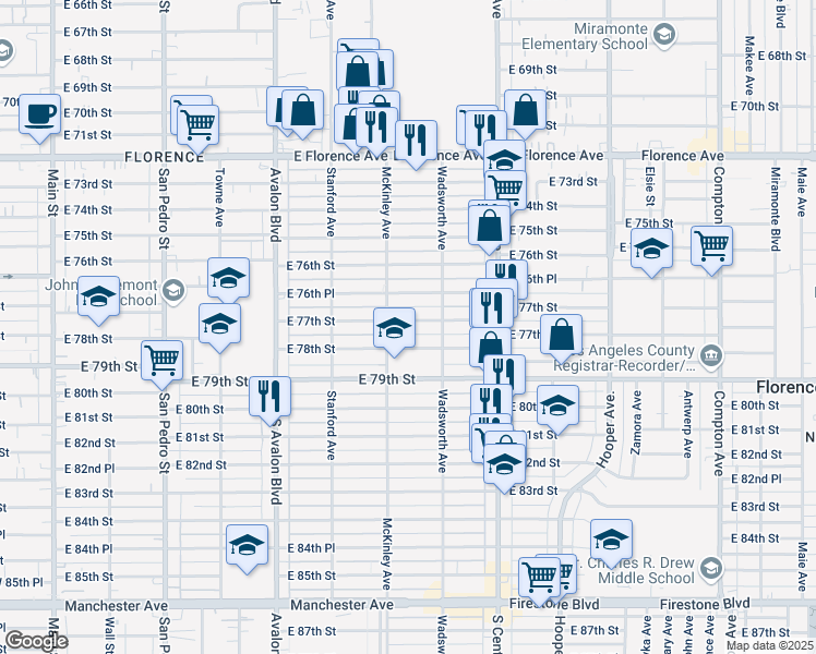 map of restaurants, bars, coffee shops, grocery stores, and more near 822 East 77th Street in Los Angeles
