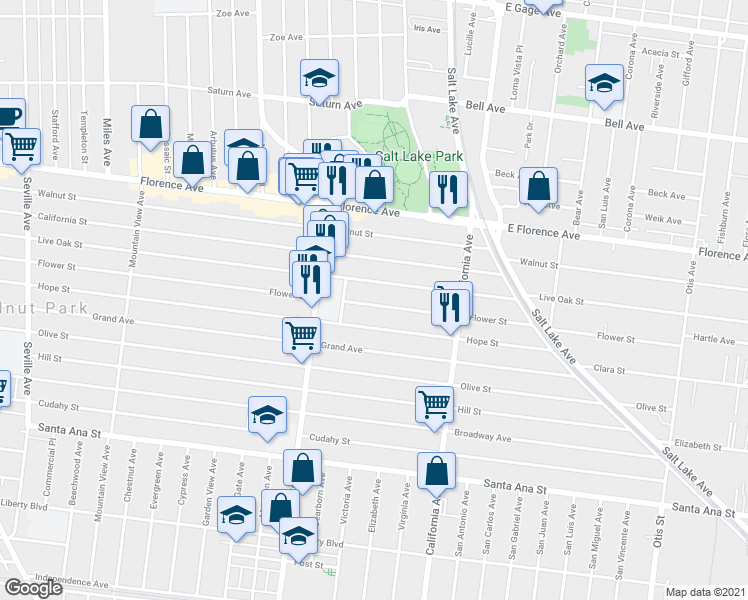 map of restaurants, bars, coffee shops, grocery stores, and more near 3353 Flower Street in Huntington Park