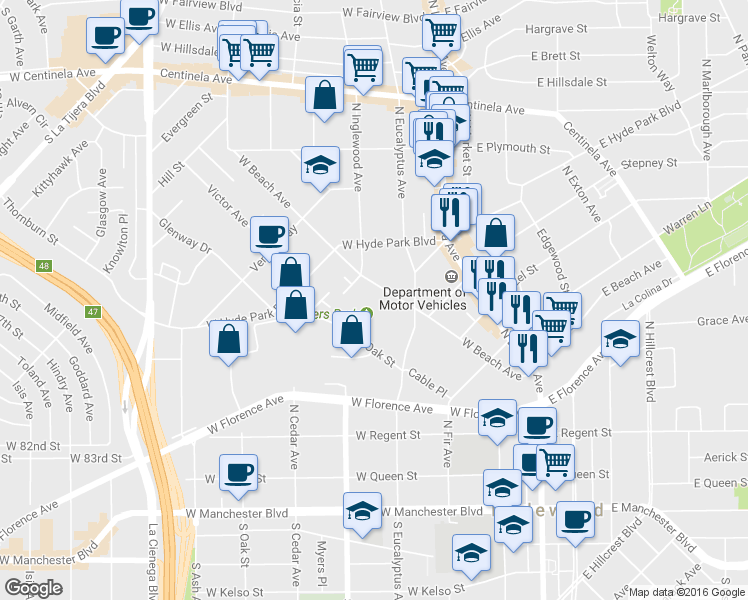 map of restaurants, bars, coffee shops, grocery stores, and more near 534 West Beach Avenue in Inglewood
