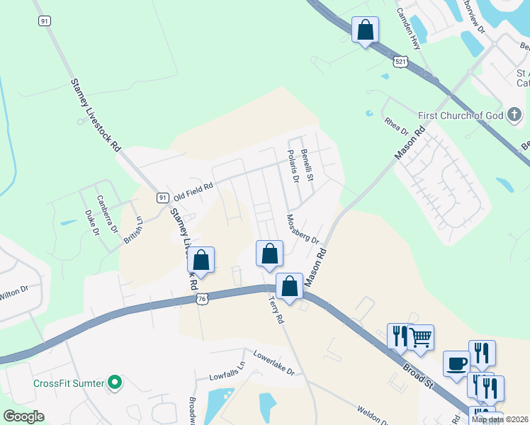 map of restaurants, bars, coffee shops, grocery stores, and more near 2820 Bismuth Drive South in Sumter